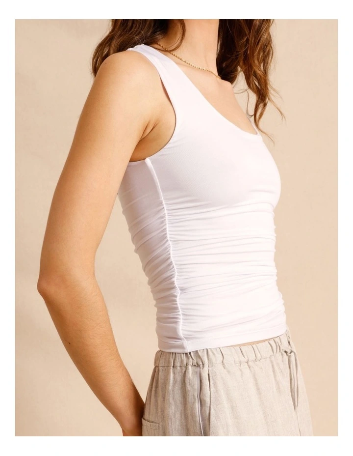 Tencel Blend Gathered Side Scoop Neck Tank in White image 5