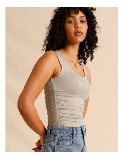 Tencel Blend Gathered Side Scoop Neck Tank in Light Brown