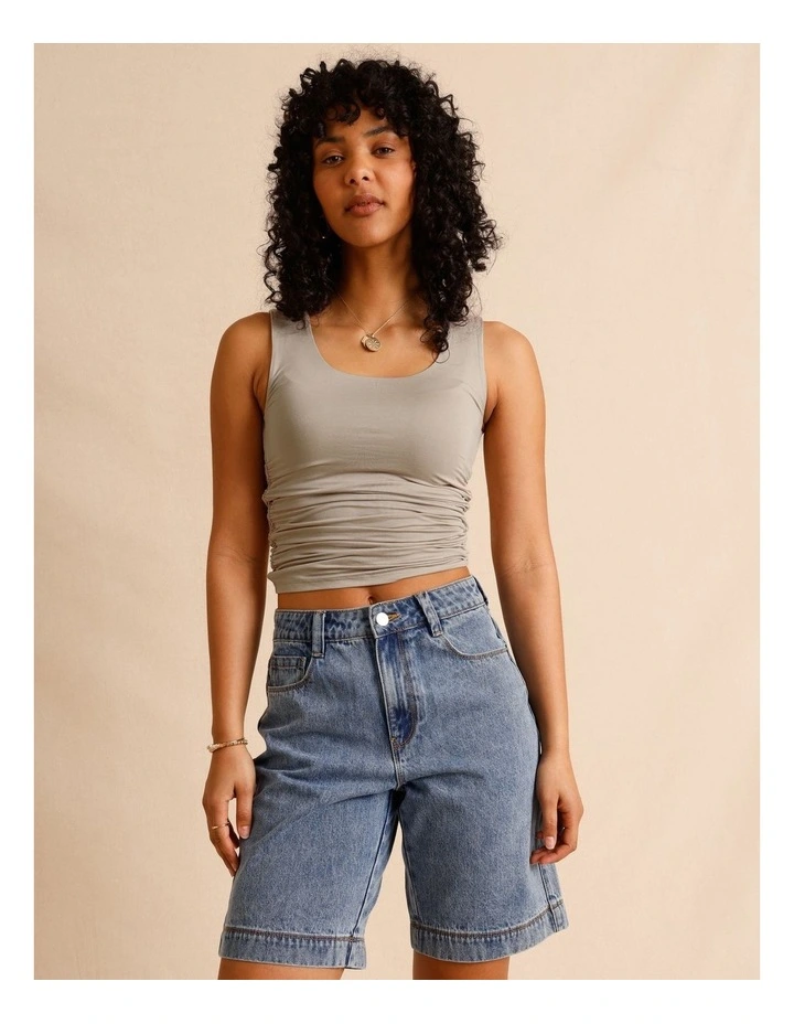 Tencel Blend Gathered Side Scoop Neck Tank in Light Brown image 2