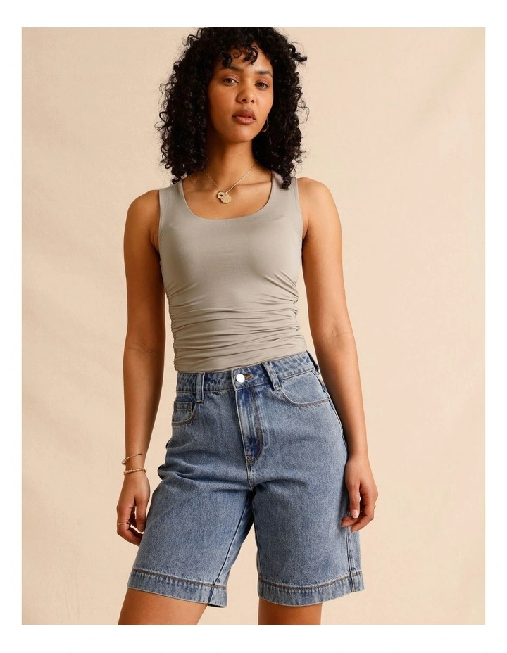 Tencel Blend Gathered Side Scoop Neck Tank in Light Brown image 4