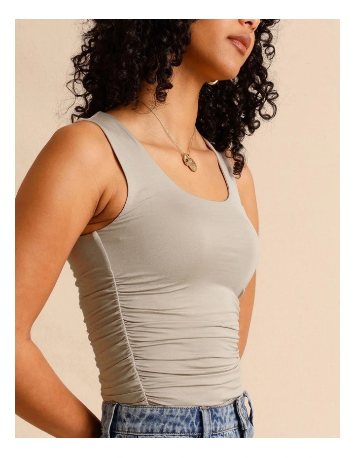 Tencel Blend Gathered Side Scoop Neck Tank in Light Brown image 5