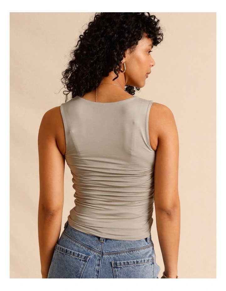 Tencel Blend Gathered Side Scoop Neck Tank in Light Brown image 6