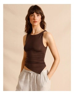 Tencel Blend Gathered Side Asymmetric Hem Tank in Chocolate