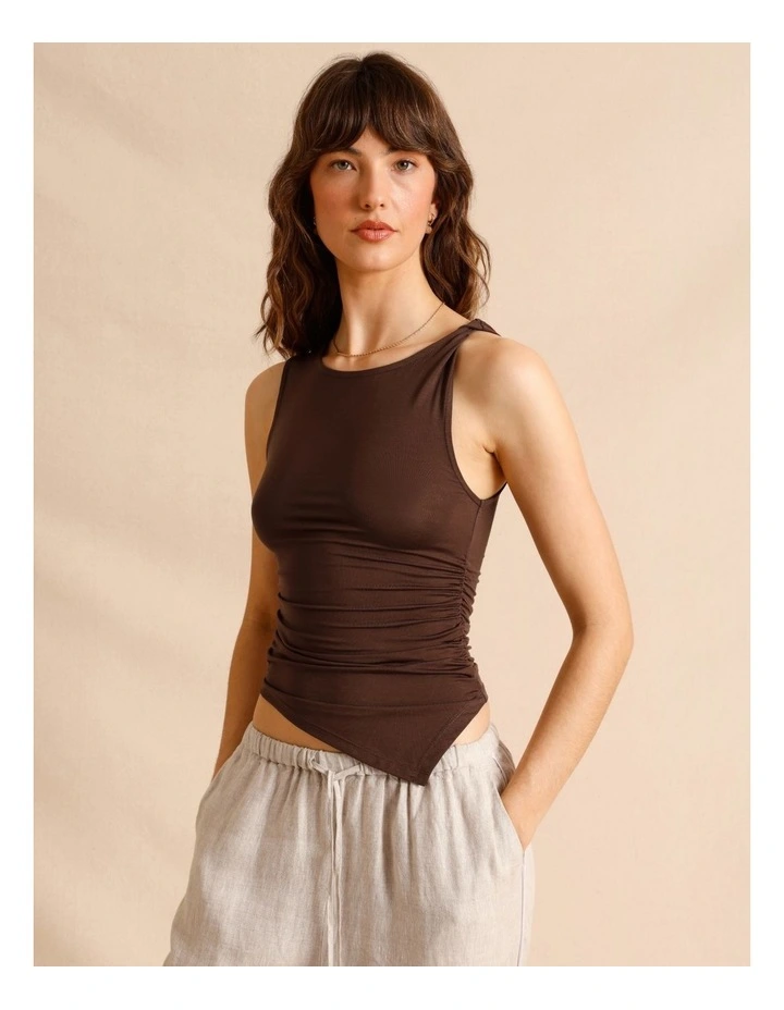Tencel Blend Gathered Side Asymmetric Hem Tank in Chocolate image 1