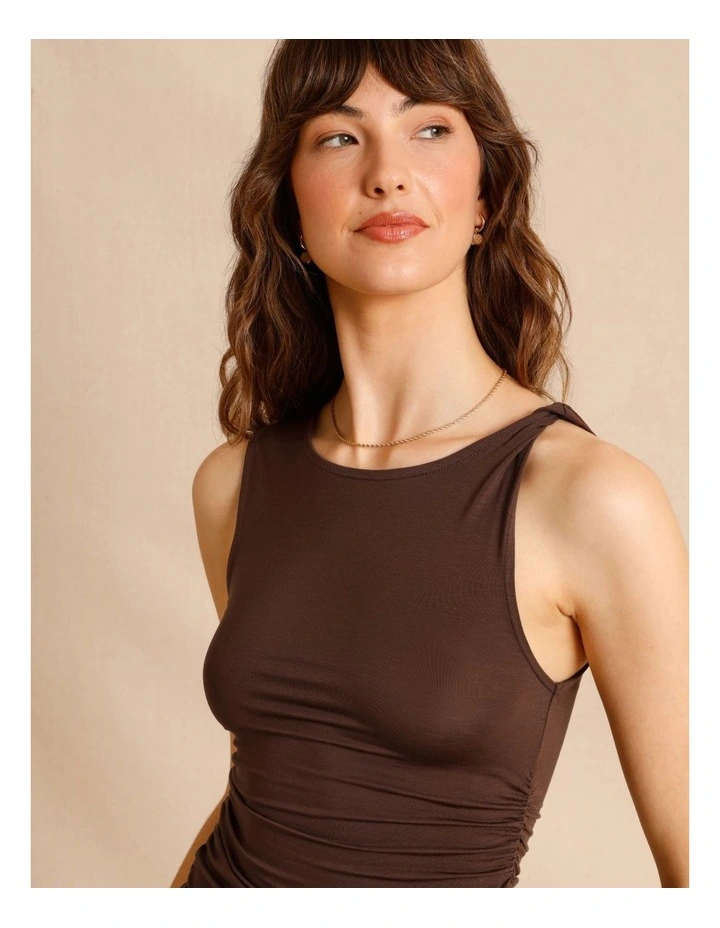 Tencel Blend Gathered Side Asymmetric Hem Tank in Chocolate image 3