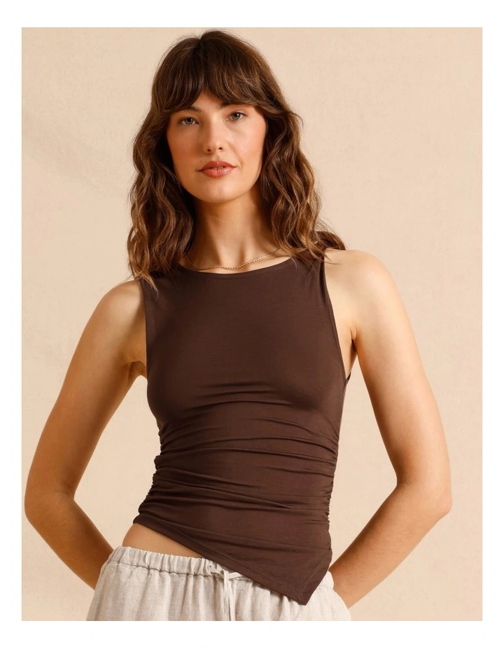 Tencel Blend Gathered Side Asymmetric Hem Tank in Chocolate image 4