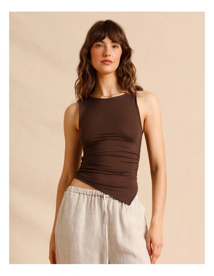Tencel Blend Gathered Side Asymmetric Hem Tank in Chocolate image 5