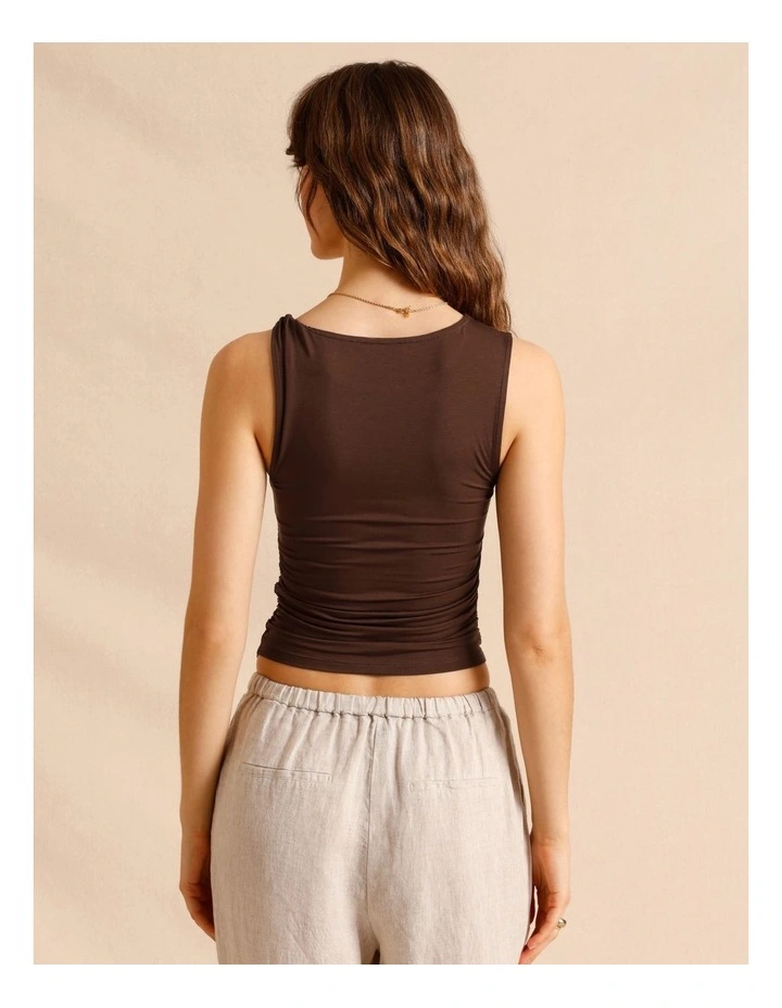 Tencel Blend Gathered Side Asymmetric Hem Tank in Chocolate image 6