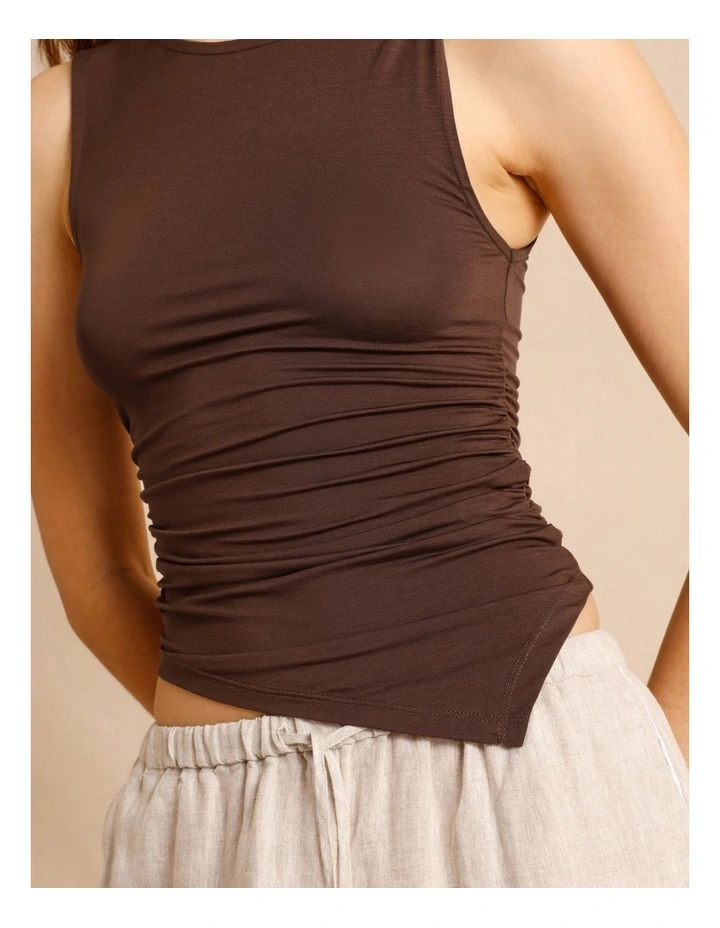 Tencel Blend Gathered Side Asymmetric Hem Tank in Chocolate image 7