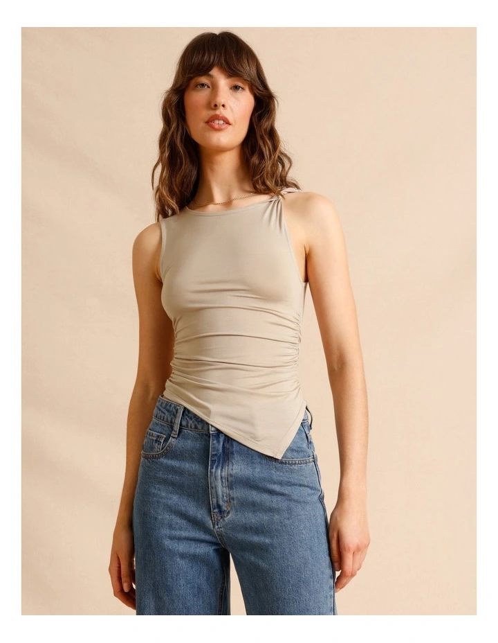 Tencel Blend Gathered Side Asymmetric Hem Tank in Light Brown image 1
