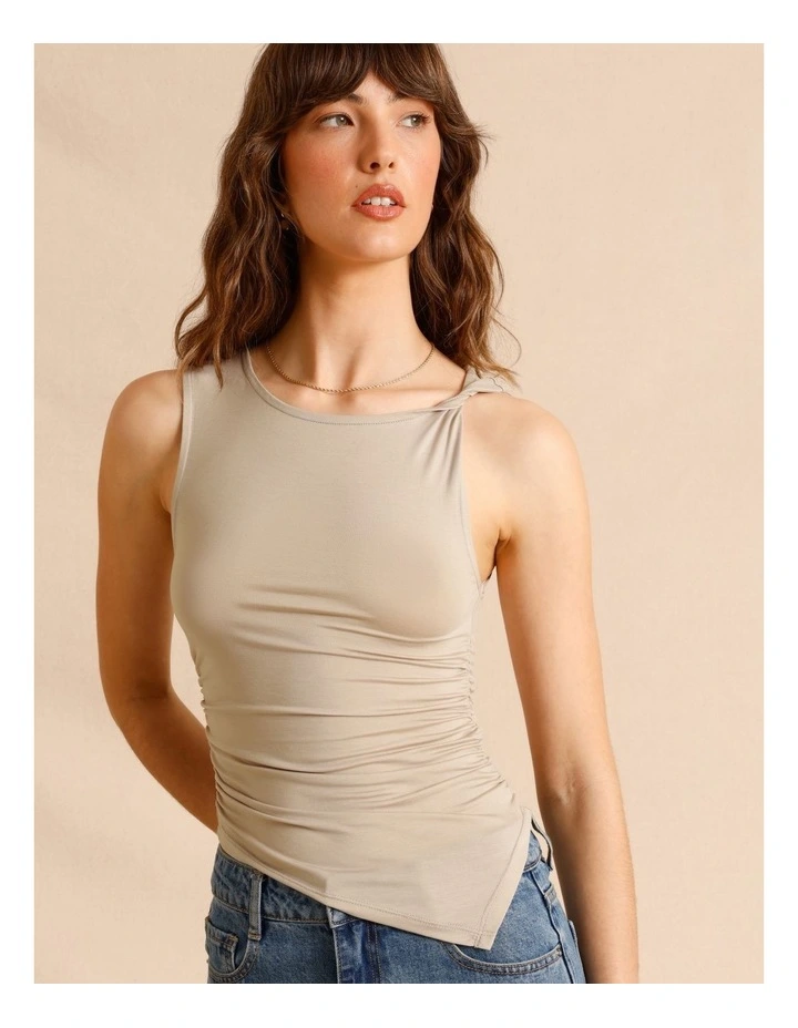 Tencel Blend Gathered Side Asymmetric Hem Tank in Light Brown image 2