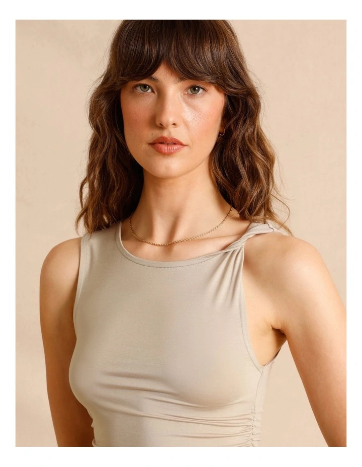 Tencel Blend Gathered Side Asymmetric Hem Tank in Light Brown image 5