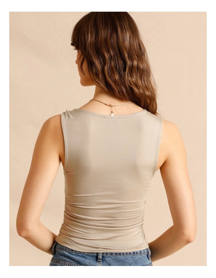 Tencel Blend Gathered Side Asymmetric Hem Tank in Light Brown image 6