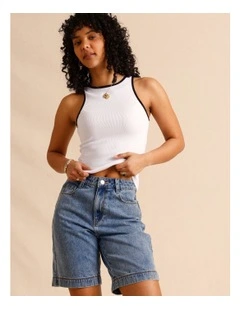 Organic Cotton Blend Contrast Rib Bind Tank in White