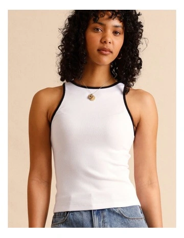 Organic Cotton Blend Contrast Rib Bind Tank in White