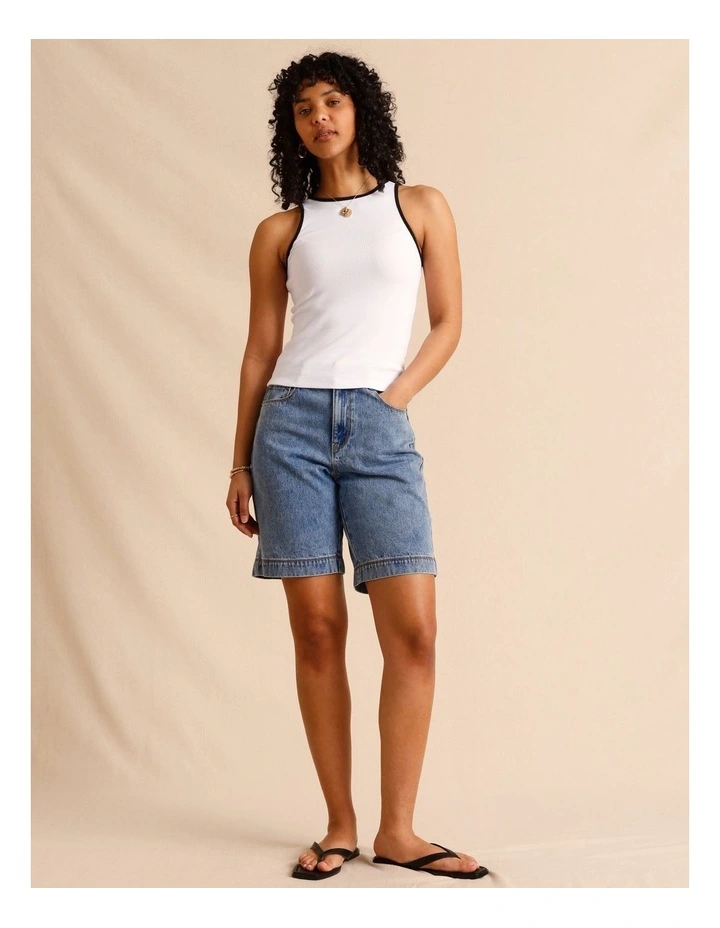 Organic Cotton Blend Contrast Rib Bind Tank in White image 3