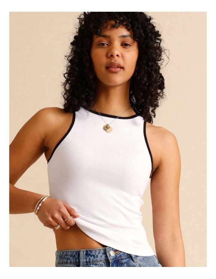 Organic Cotton Blend Contrast Rib Bind Tank in White image 4