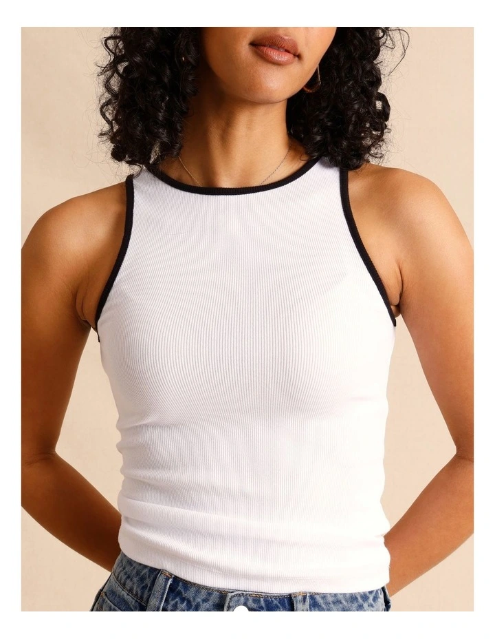 Organic Cotton Blend Contrast Rib Bind Tank in White image 5