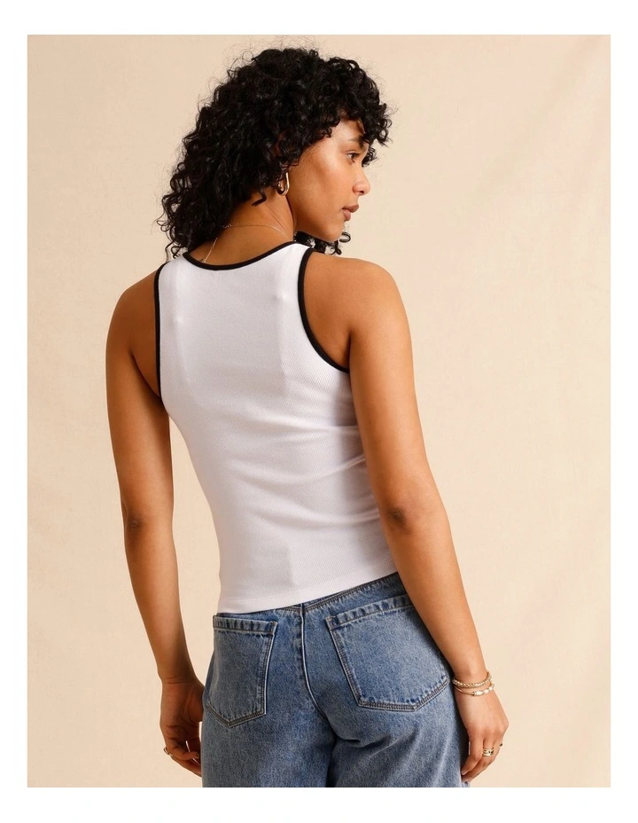 Organic Cotton Blend Contrast Rib Bind Tank in White image 6