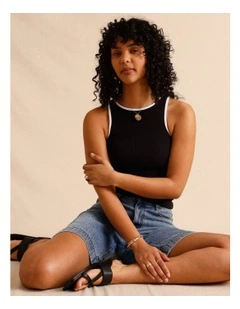 Organic Cotton Blend Contrast Rib Bind Tank in Black