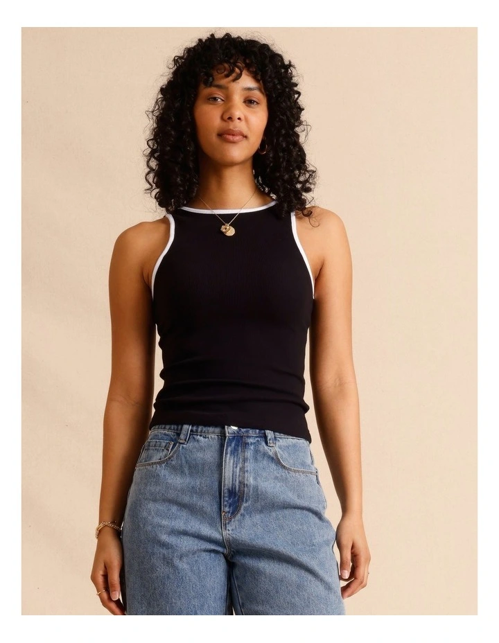 Organic Cotton Blend Contrast Rib Bind Tank in Black image 2