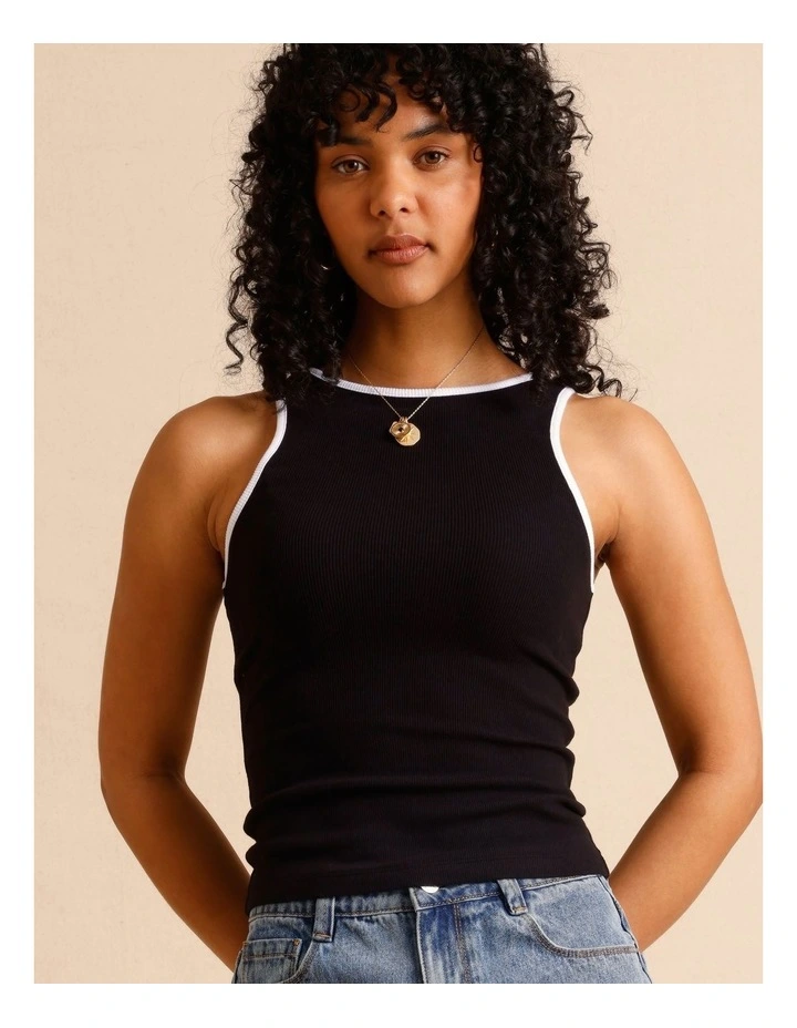 Organic Cotton Blend Contrast Rib Bind Tank in Black image 4