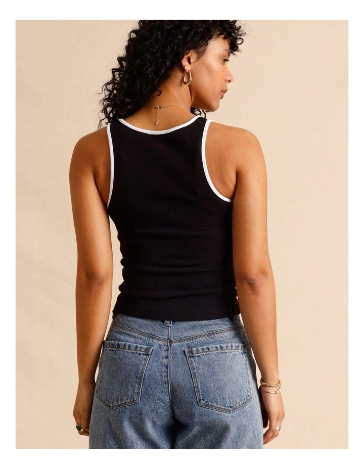 Organic Cotton Blend Contrast Rib Bind Tank in Black image 6