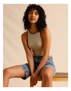 Organic Cotton Blend Contrast Rib Bind Tank in Sand