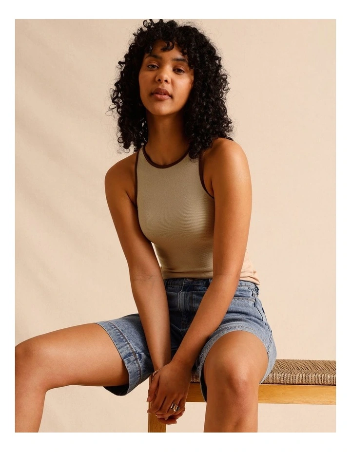 Organic Cotton Blend Contrast Rib Bind Tank in Sand image 1