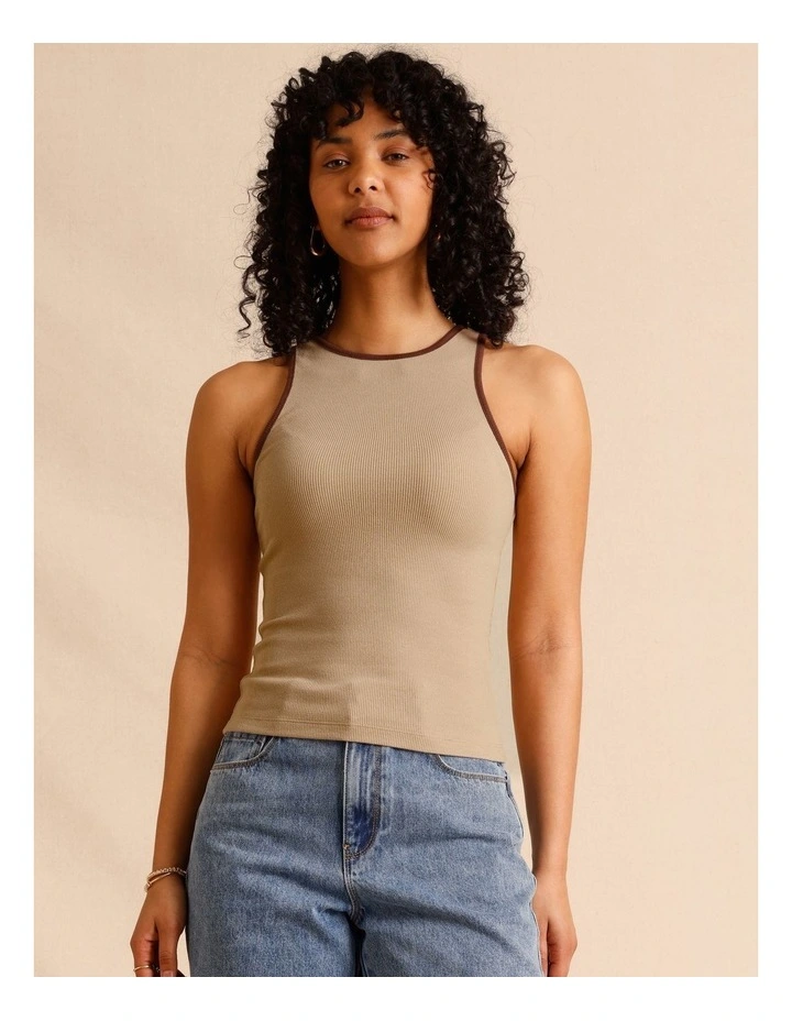 Organic Cotton Blend Contrast Rib Bind Tank in Sand image 2