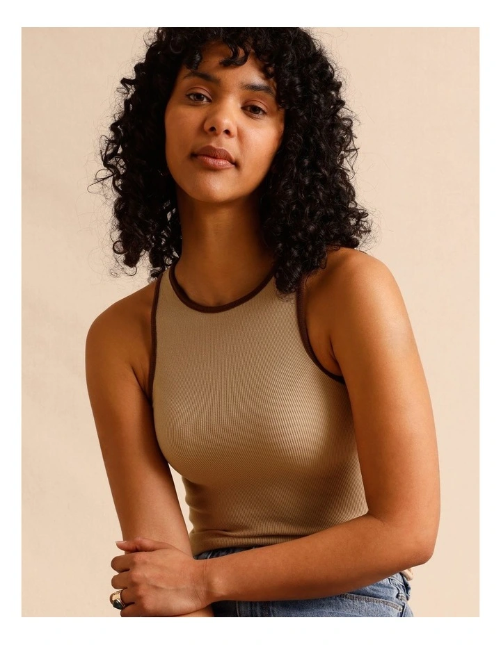 Organic Cotton Blend Contrast Rib Bind Tank in Sand image 4