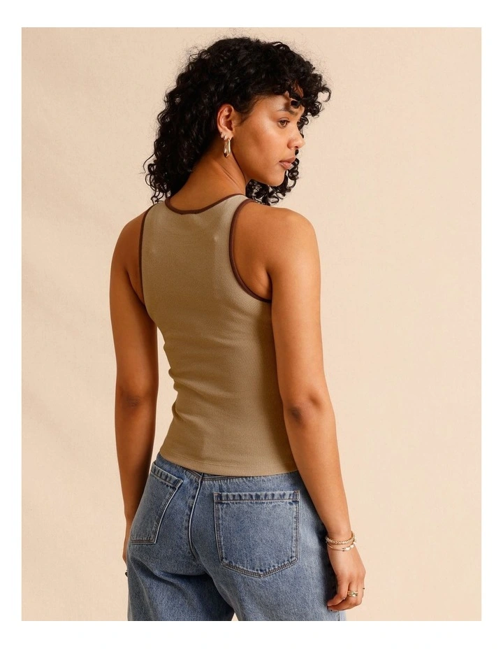 Organic Cotton Blend Contrast Rib Bind Tank in Sand image 5