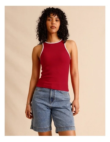 Organic Cotton Blend Contrast Rib Bind Tank in Raspberry