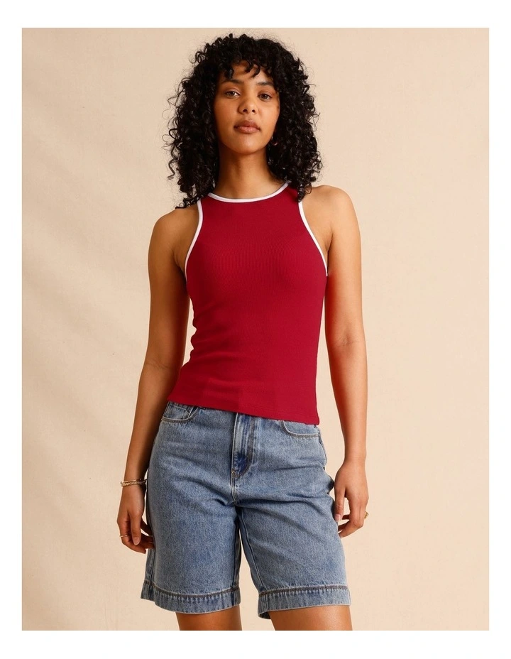 Organic Cotton Blend Contrast Rib Bind Tank in Raspberry image 1