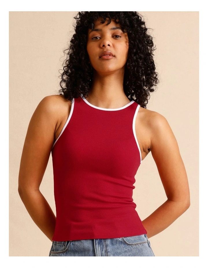 Organic Cotton Blend Contrast Rib Bind Tank in Raspberry image 3