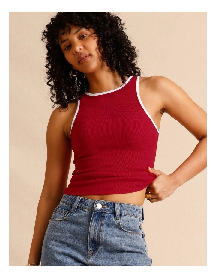 Organic Cotton Blend Contrast Rib Bind Tank in Raspberry image 6
