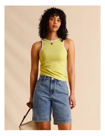 Organic Cotton Blend Contrast Rib Bind Tank in Lime