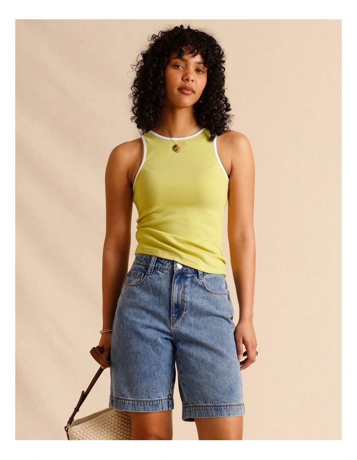 Organic Cotton Blend Contrast Rib Bind Tank in Lime image 1