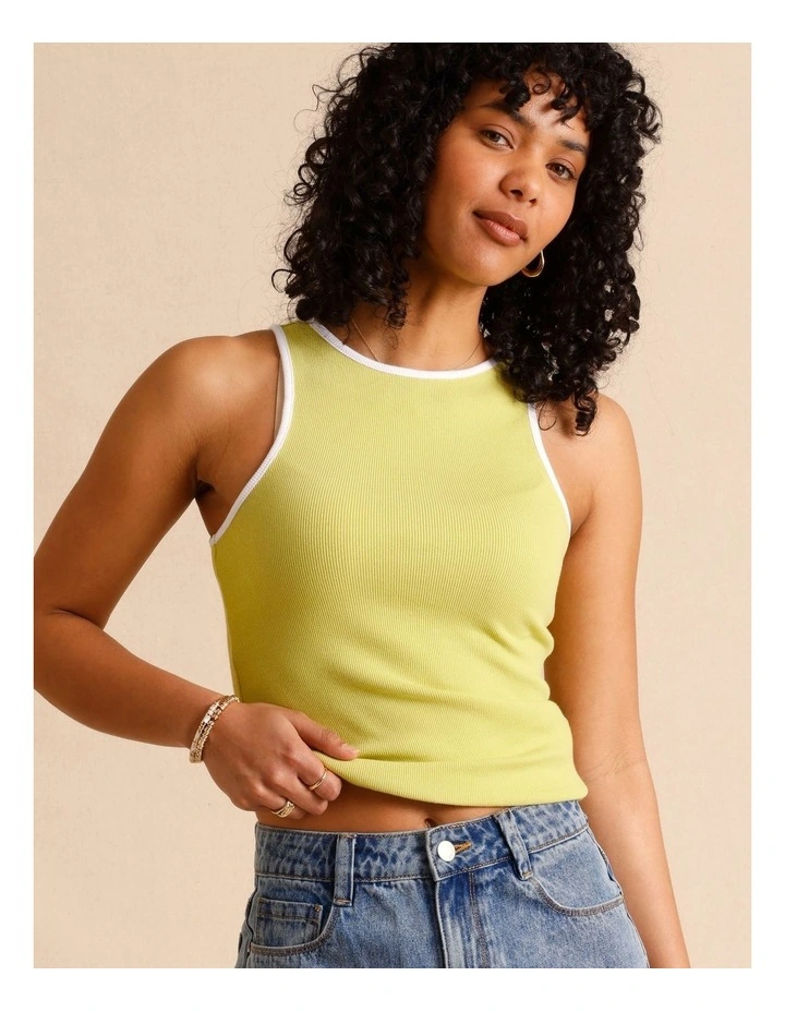 Organic Cotton Blend Contrast Rib Bind Tank in Lime image 2