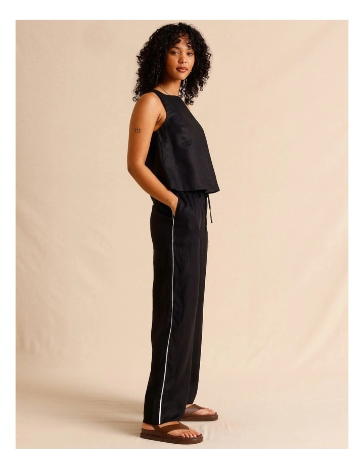 European Linen Elasticated Waist Straight Leg Pants in Black image 4