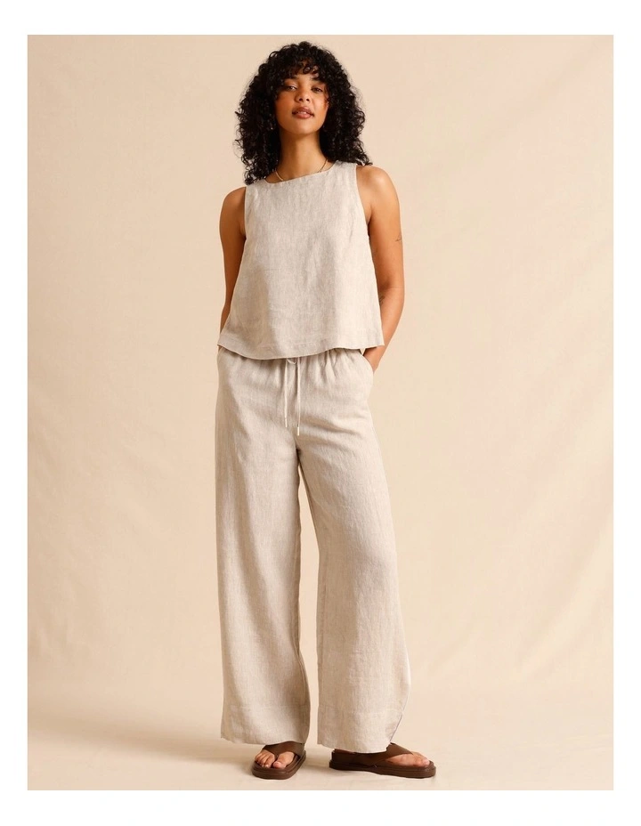 European Linen Elasticated Waist Straight Leg Pants in Oatmeal image 2