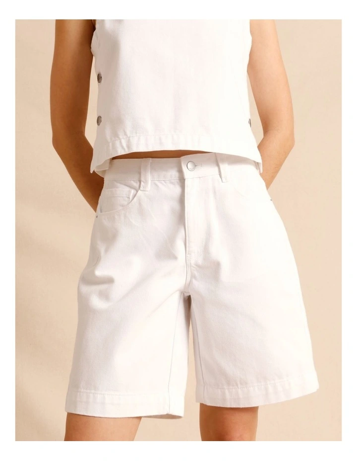 Recycled Cotton Blend Twill Longline Shorts in White image 2