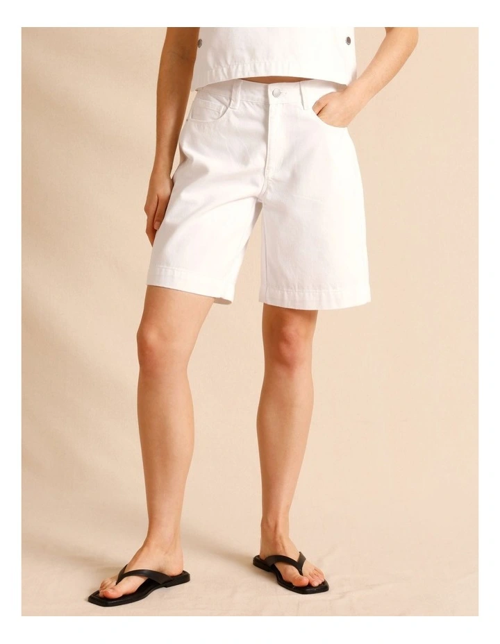 Recycled Cotton Blend Twill Longline Shorts in White image 3