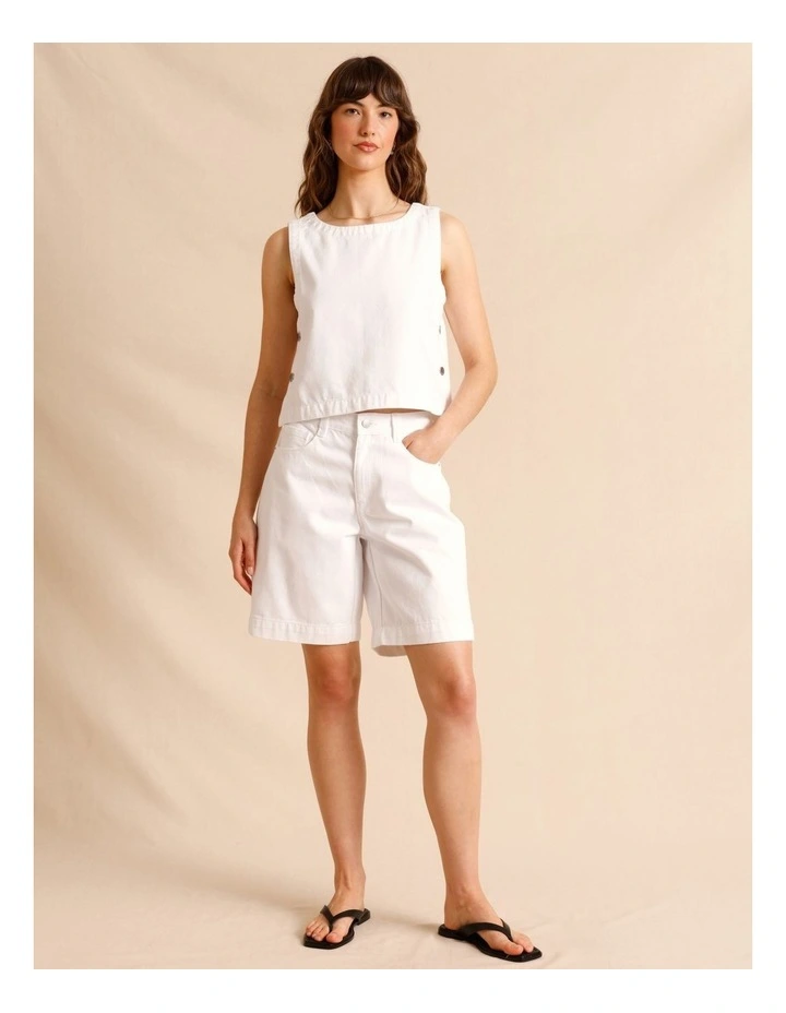 Recycled Cotton Blend Twill Longline Shorts in White image 4