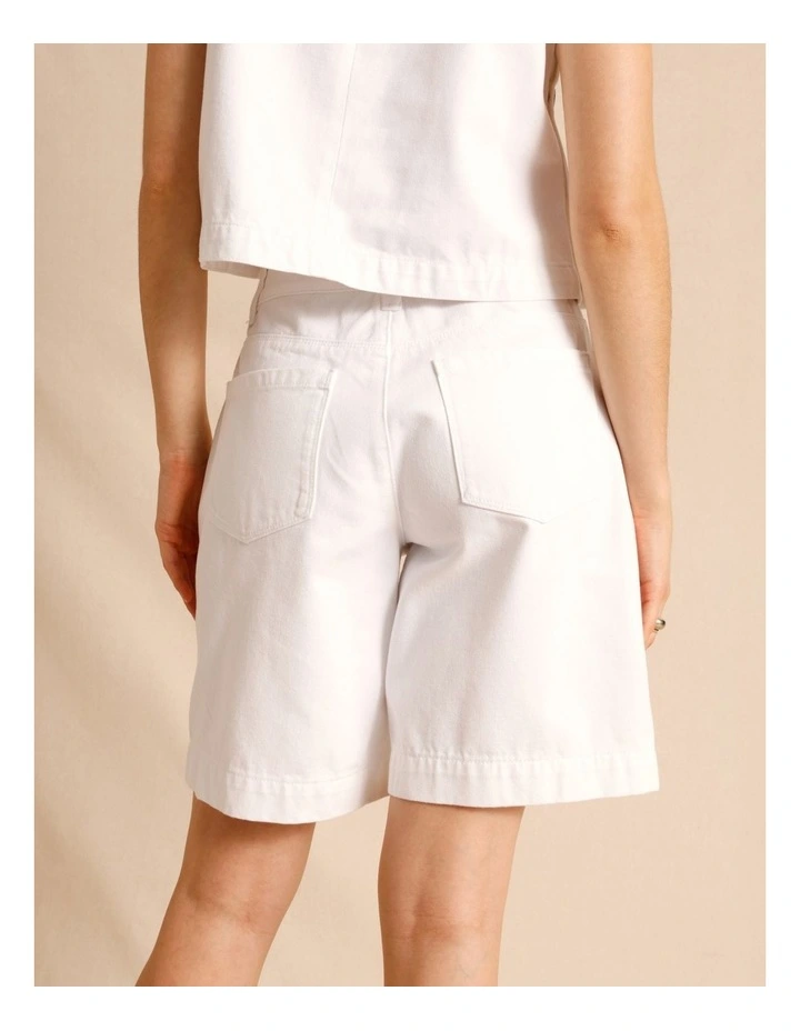 Recycled Cotton Blend Twill Longline Shorts in White image 5