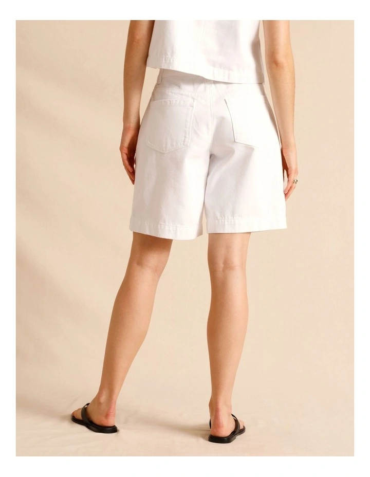 Recycled Cotton Blend Twill Longline Shorts in White image 6