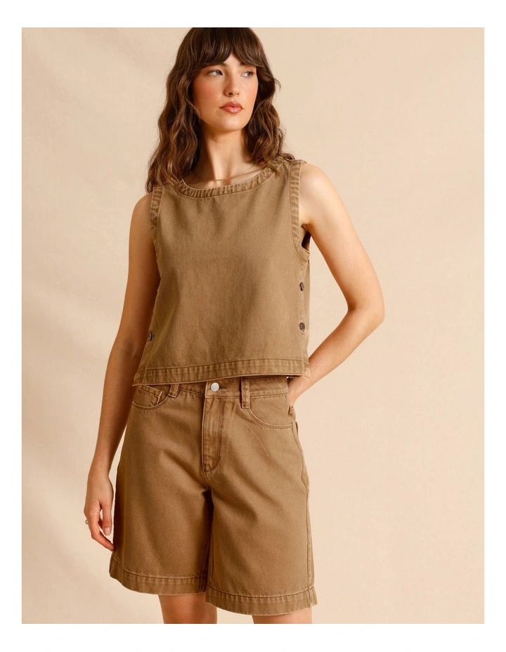 Recycled Cotton Blend Twill Longline Shorts in Sand image 1