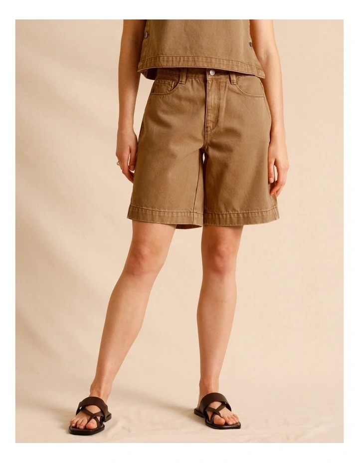 Recycled Cotton Blend Twill Longline Shorts in Sand image 2