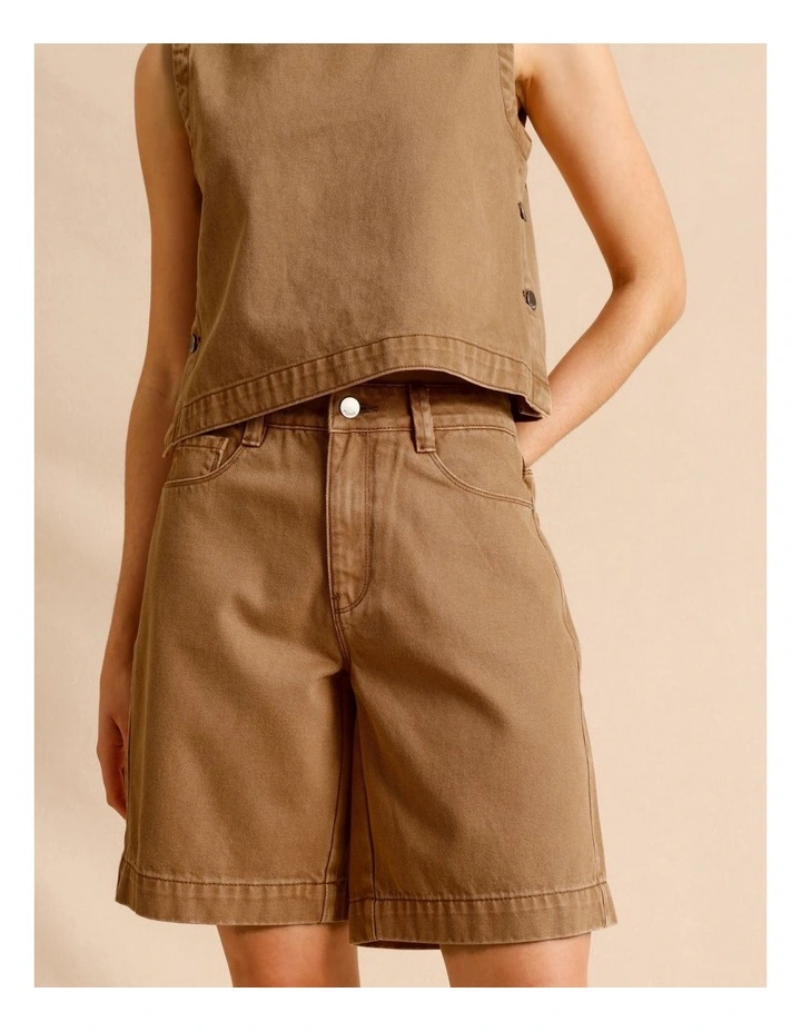 Recycled Cotton Blend Twill Longline Shorts in Sand image 3