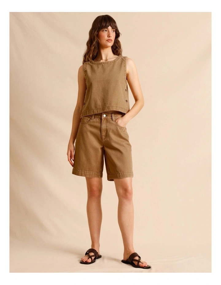 Recycled Cotton Blend Twill Longline Shorts in Sand image 4